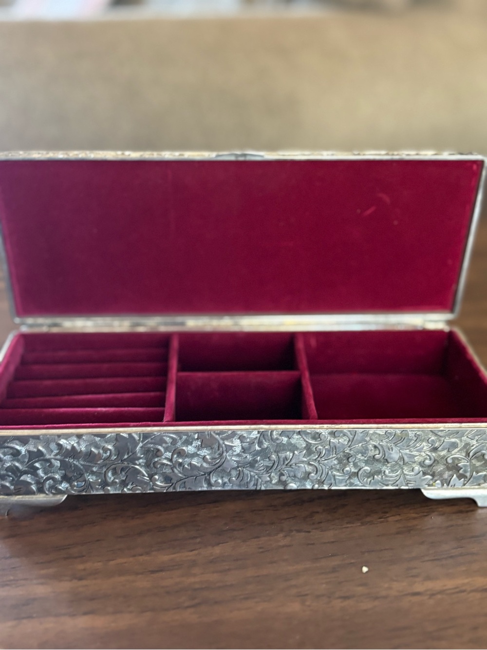 Vintage Ornate Silver Plated Jewelry Box Red Velvet Ring Organizer 9”